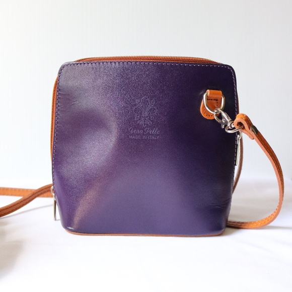 VERA PELLE Small Purple Handmade Leather Crossbody Purse Bag Made In Italy - Picture 1 of 8